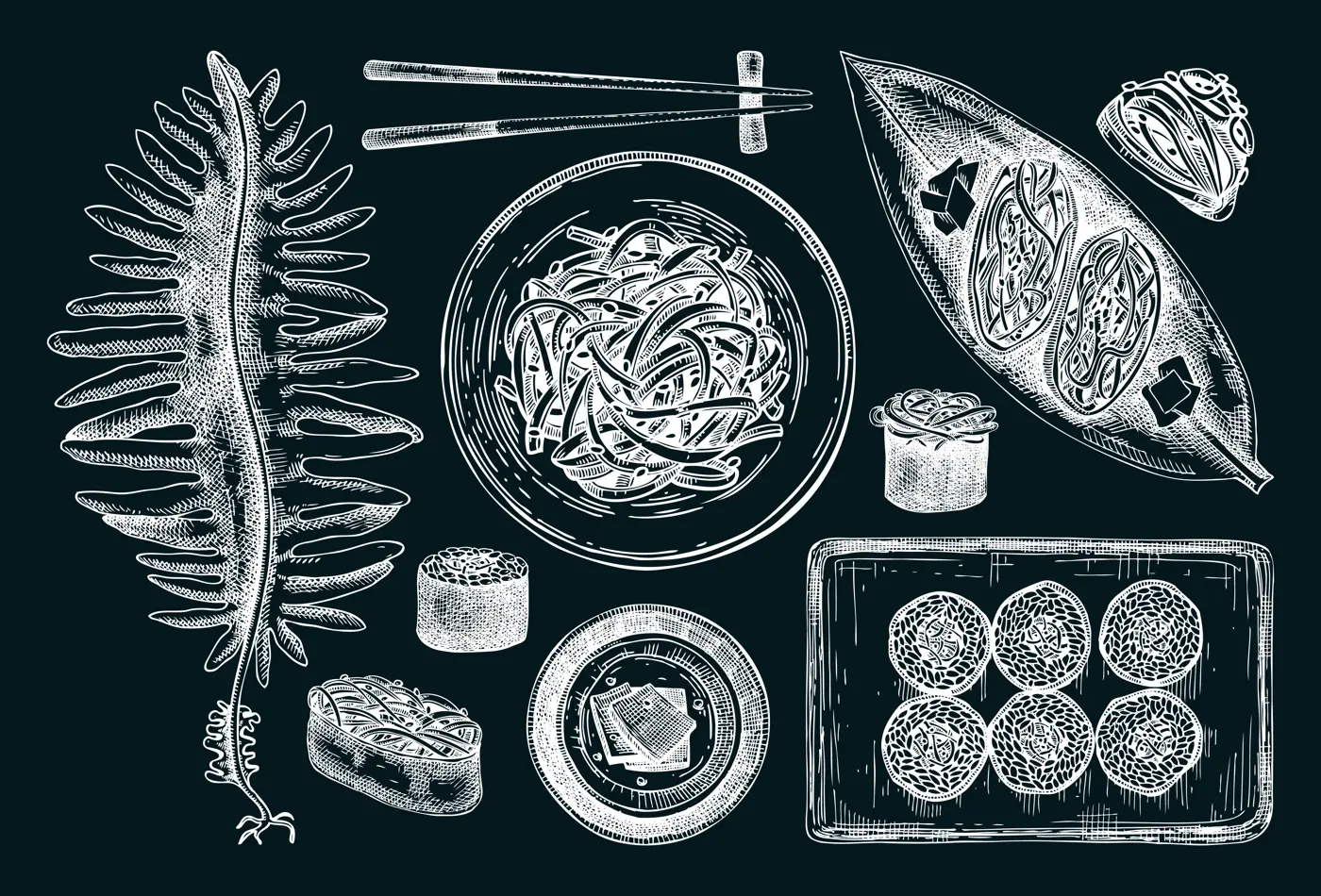 Hand drawn wakame sketches set. Edible seaweed drawing on chalkboard. Sea vegetables vector illustrations. Japanese cuisine dishes, healthy food ingredients in engraved style Illustration